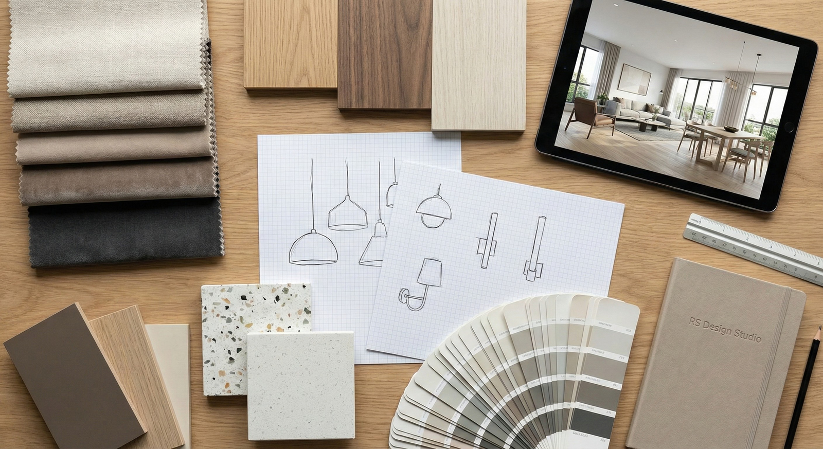 Interior design material board with fabric swatches, wood samples, and 3D rendering tablet at RS Design Studio Ahmedabad